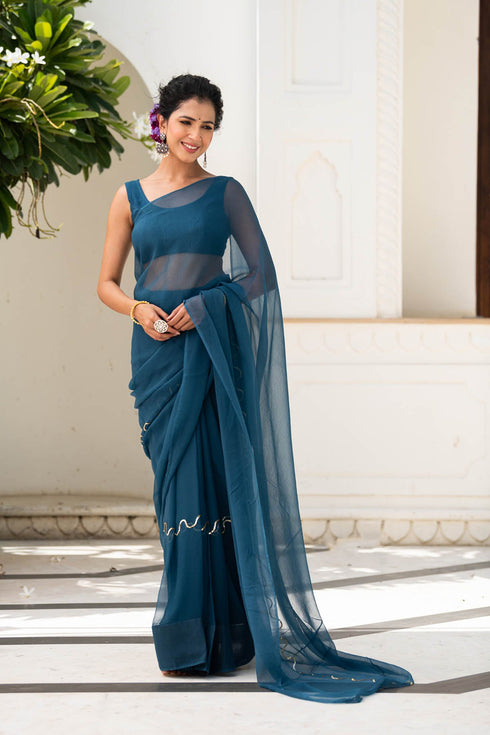 MULMUL BLUE-STAR CHIFFON SAREE MULMUL BLUE-STAR CHIFFON SAREE